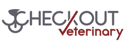 The image shows the CheckOut vet logo with a gray and dark red color scheme and a stylized pet nose and mouth graphic.